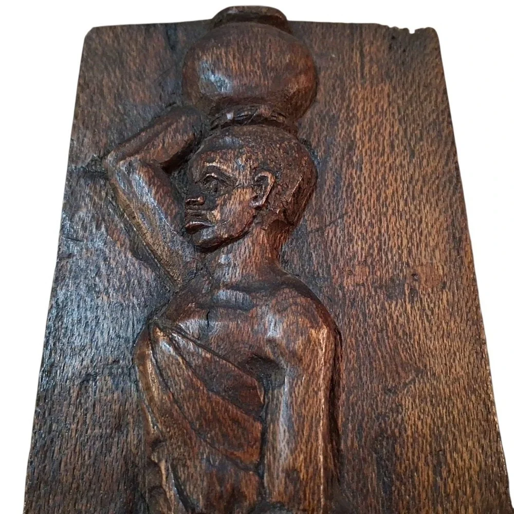 Folk Art Rustic Primitive Woman Figure Hand Carved Wooden Wall Panel Signed 12